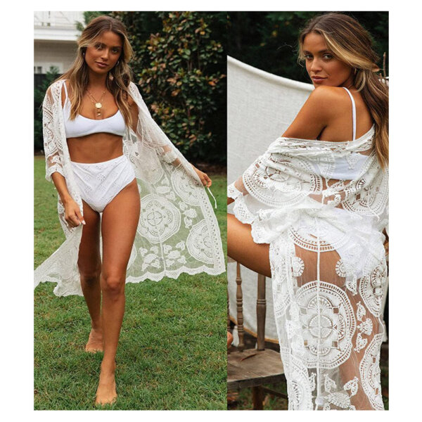 JDiction Women Swimsuit Cover Up Bathing Suit Kimono Long Beach Dress Floral Lace