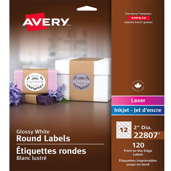 Avery Round Labels, Glossy White, Permanent, Pack of 120 Labels, Made in Canada (22807)