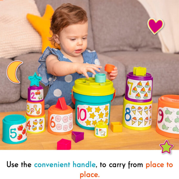 Battat - Sort & Stack - Educational Stacking Cups with Numbers and Shapes for Toddlers Use the convenient handle