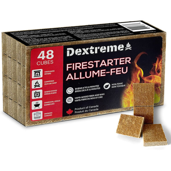 Product Description fire starter dextreme logo fire starter made in Canada 48 cubes Dextreme brand ALL-NATURAL This Dextreme fire starter is made in Canada from 100% all-natural wood fiber and wax. They will instantaneously start any fire with safety and convenience. The perfect solution to effortlessly starting a fire, the instant fire starters can be used in a variety of settings. Burning for over 12 minutes and lighting charcoal with ease, the squares are also durable, anti-crumble, and designed to be compact. ABOUT US Dextreme is a new company that has started in mid-2021. We were looking to help everyone to start any kind of fire in an instant. As we search online, there weren't a lot of these fire starters. If so, they were too pricey for what you got. That is why we wanted to create these fire starters, made in Canada, in two packages, 48 cubes, and 144 cubes. Like that, we offer you the best value online in our great country. Product details Parcel Dimensions ‏ : ‎ 16.1 x 9.1 x 6.8 cm; 570 Grams Date First Available ‏ : ‎ Nov. 19 2021 Manufacturer ‏ : ‎ Dextreme ASIN ‏ : ‎ B09M958JCY Best Sellers Rank: #288 in Patio, Lawn & Garden (See Top 100 in Patio, Lawn & Garden) #19 in Outdoor Grill Accessories Customer Reviews: 4.5 4.5 out of 5 stars 812 ratings