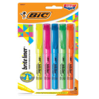 BIC Brite Liner Highlighter, Chisel Tip For Broad Highlighting & Fine Underlining, Assorted Colours, 5-Count, BLP51W-Ast