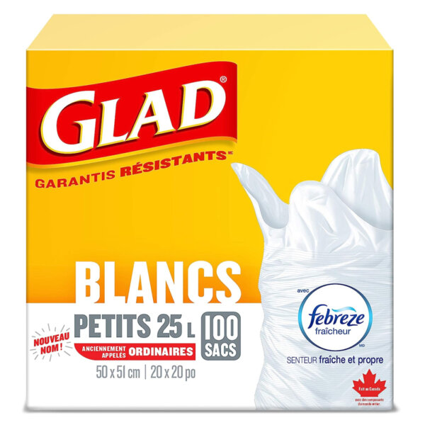 Glad White Garbage Bags - Small 25 Litres - Febreze Fresh Clean Scent, 100 Trash Bags Made in Canada of Global Components