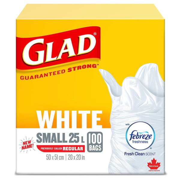 Glad White Garbage Bags - Small 25 Litres - Febreze Fresh Clean Scent, 100 Trash Bags, Made in Canada of Global Components