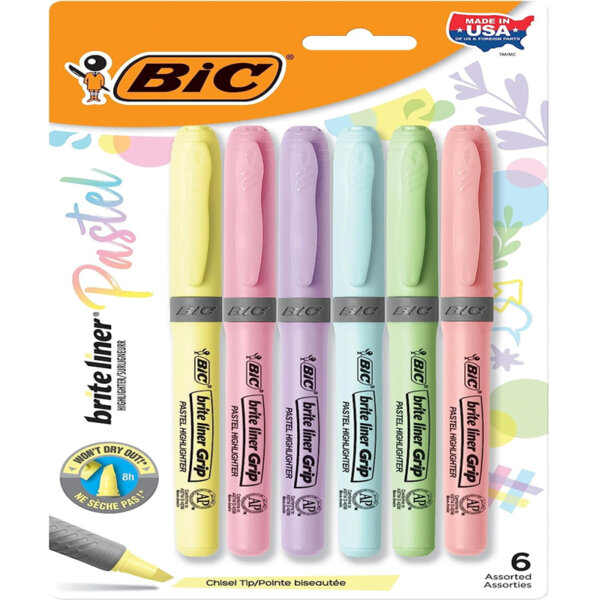 BIC Brite Liner Grip Highlighter, Chisel Tip (1.6 mm), Assorted Pastel Colours, For Broad Highlighting & Fine Underlining, 6-Count