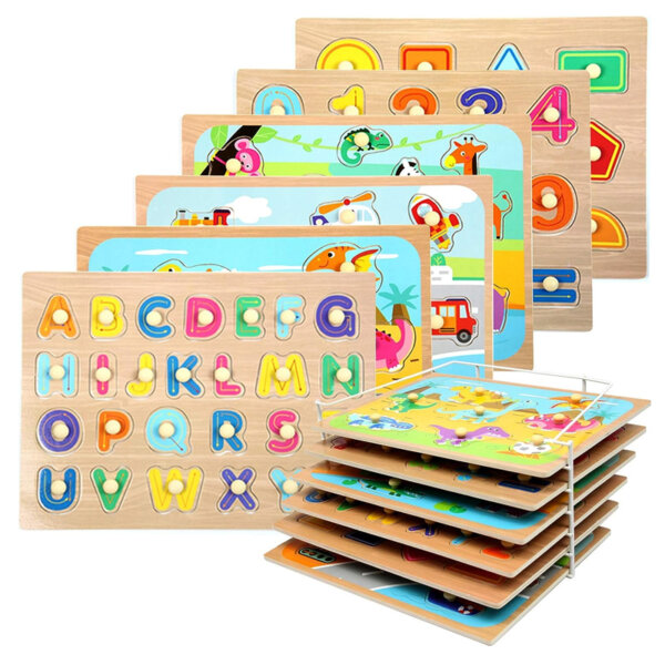 Wood City Toddler Puzzles and Rack Set Wooden Peg Puzzles Bundle with Storage Holder Rack