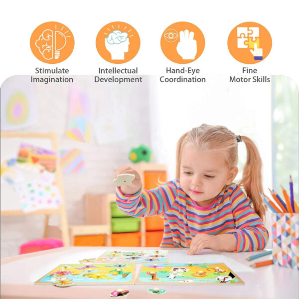 Wood City Toddler Puzzles and Rack Set, Wooden Peg Puzzles Bundle with Storage Holder Rack, Educational Knob Puzzle for Kids