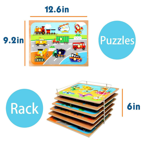 Wood City Toddler Puzzles and Rack Set, Wooden Peg Puzzles Bundle with Storage Holder Rack, Educational Knob Puzzle for Kids Size