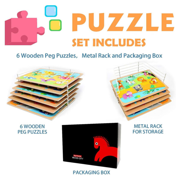 Wood City Toddler Puzzles and Rack Set Wooden Peg Puzzles Bundle with Storage Holder Rack Puzzle set Includes